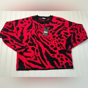 DKNY Womens Red Black Animal Print Crew Neck Pullover Sweater Large NEW.  142